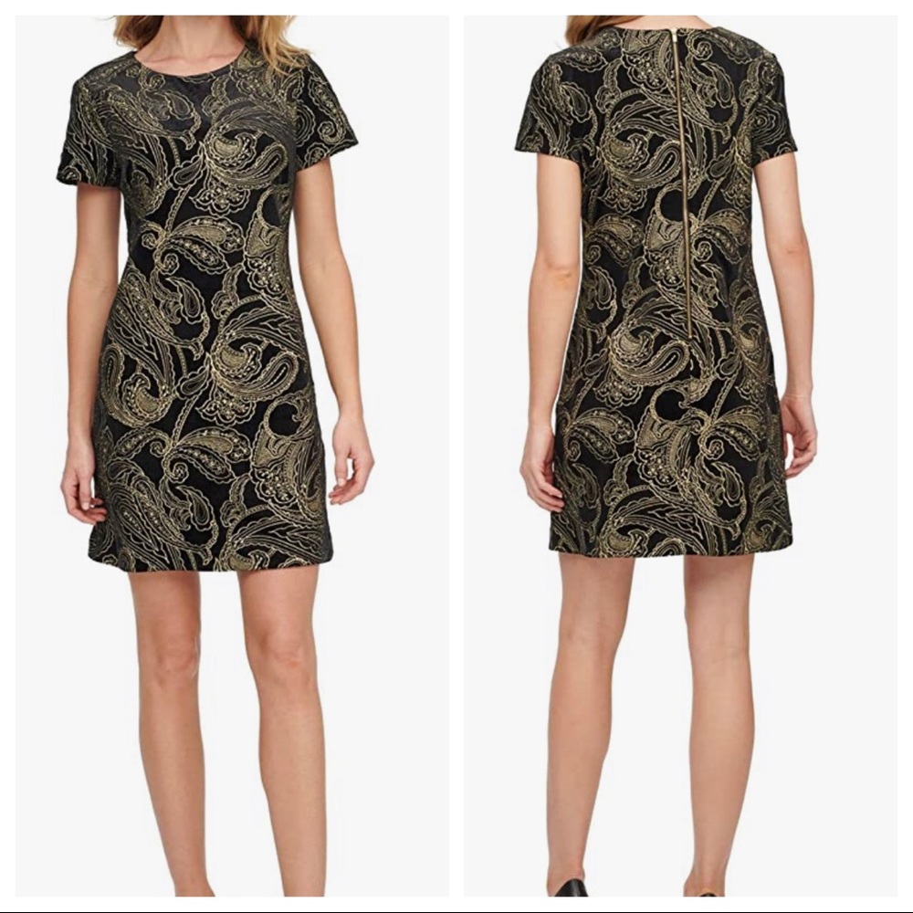 CALVIN KLEIN Lurex Paisley Velvet Short Sleeve Dress In Blk Gold Size 8